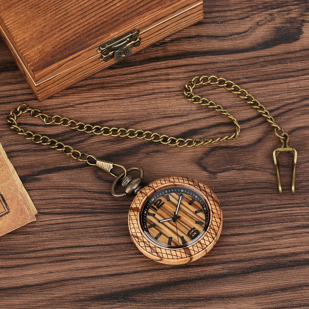 Pocket Watch for Men Luxury Zebra Wood Quartz Pocket Watch Pendant Gift for Male Female Analog Fob Chain Reloj De Bolsillo