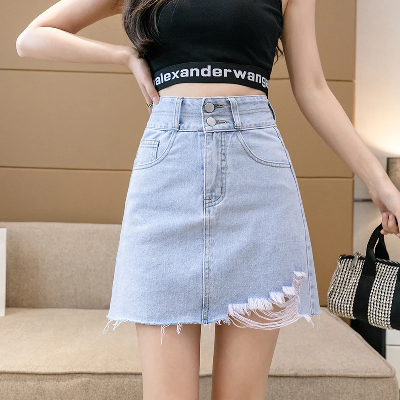 

Юбка женская трапециевидная джинсовая с завышенной талией, модная пикантная облегающая Повседневная голубая юбка из денима, с двойной пуго...