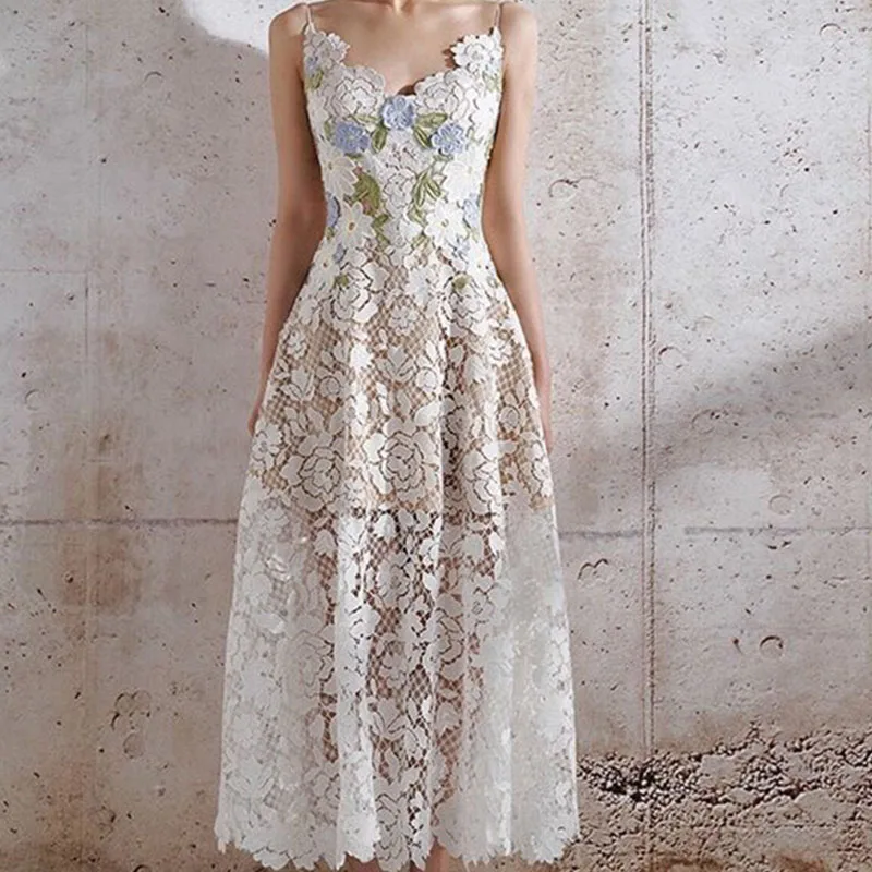 

Vietnamese Brand Luxury Elegant Lace Embroidered Flower Dress Large Swing Hollow Slip Robe Prom Dresses Fashion Women Clothes