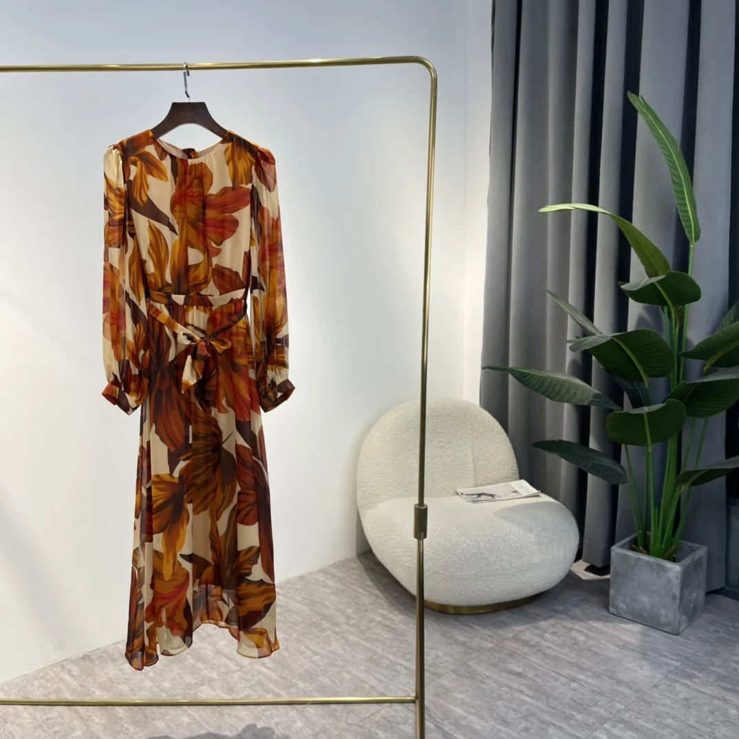 

100% Silk Top Quality Red Orange Leaf Plants Printing Long Sleeve Mid-calf Dresses 2022 Spring New Bohemian Style