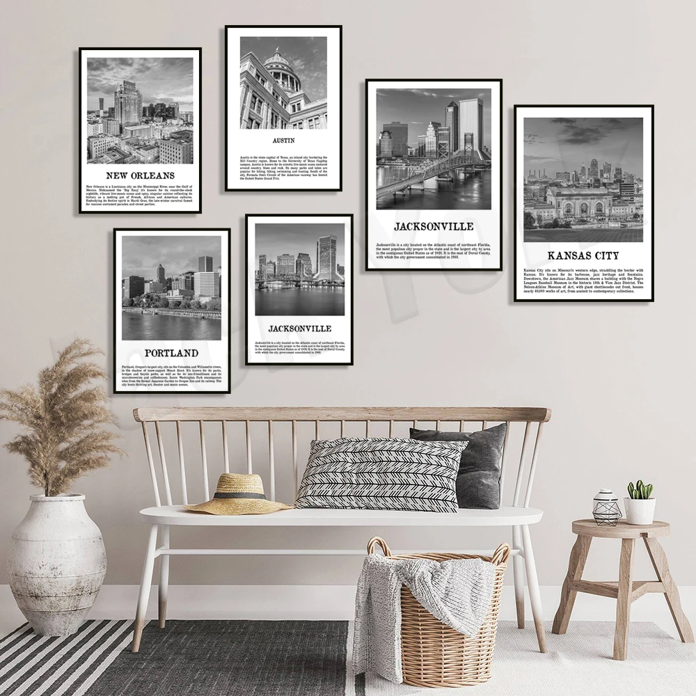 Плакаты Денвер, Джексонвилл, Канзас-Сити, Новый Орлеан, Портленд, Остин, аугста, Даллас, черно-белые, дорожные города, печать