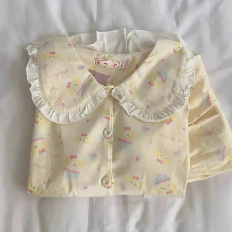 Милая мультяшная одежда для сна с рюшами женщин комплект из 2 предметов корейская