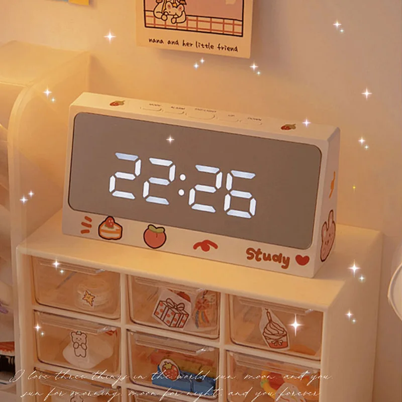 Cute Kawaii Alarm Clock With Sticker Desktop Led Digital Clock Desk decoration For Kids Girl Bedroom Table Decor Child Mini Gift