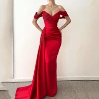 red evening dresses 2022 mermaid lace appliques crystal beading shiny party prom gown satin v neck floor length