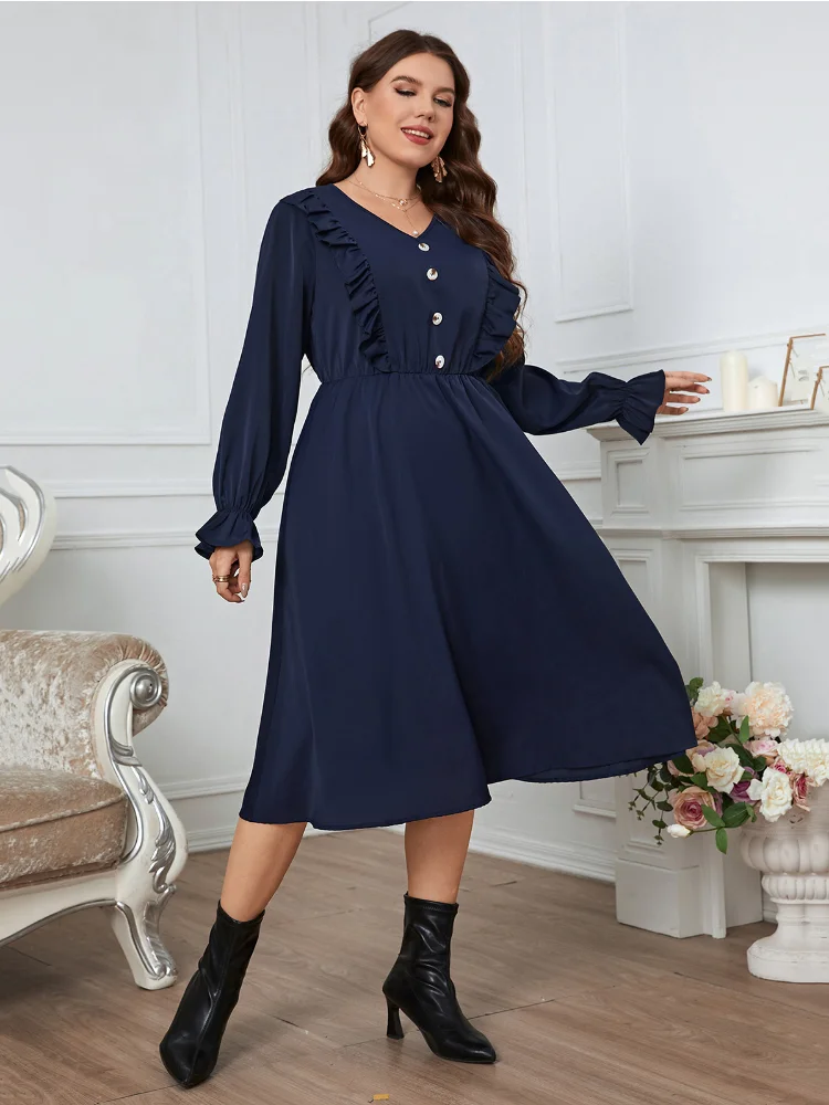 Solid color minimalist style buttons, lace sleeves, V-neck queen dress vestidos de festa plus size casamento  party dresses
