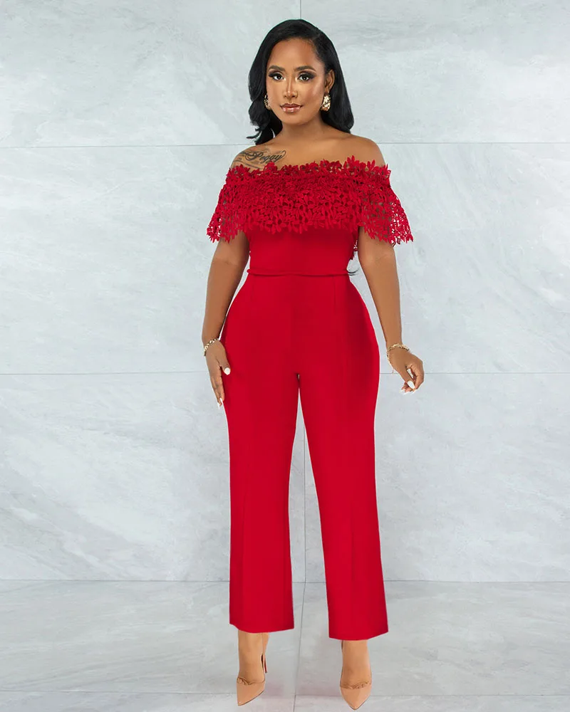 

Sexy Slash Neck Lace Patchwork Solid Jumpsuit High Waist Loose Straight Ankle-length Jumpsuits For Women