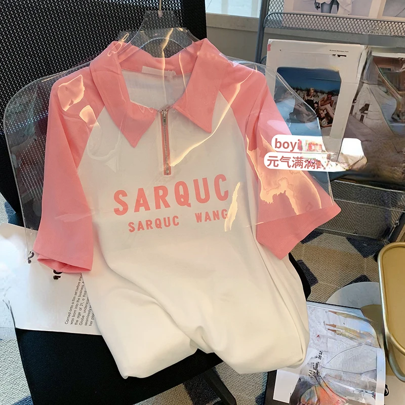 

Футболка женская хлопковая оверсайз, Повседневная рубашка-поло с коротким рукавом, на молнии, с надписью, цветная базовая одежда, y2k, на лето