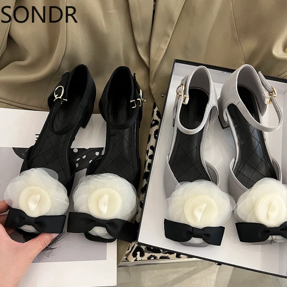 

Womens Flowers Bowknot Sandals Block Heel Summer Shoes Baotou Beach Girls 2Colors