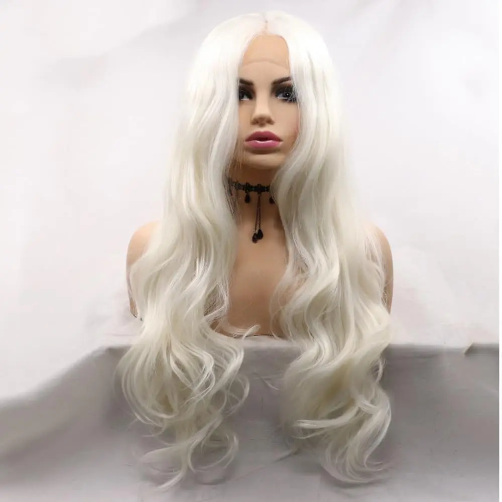 Фото Парик Sylvia Wigs Platinum White, 100% ручной работы, с кружевной передней частью, модель 1001 #   Длинные волнистые термостойкие пряди из синтетического волокна с естественной линией роста волос для женщин №3