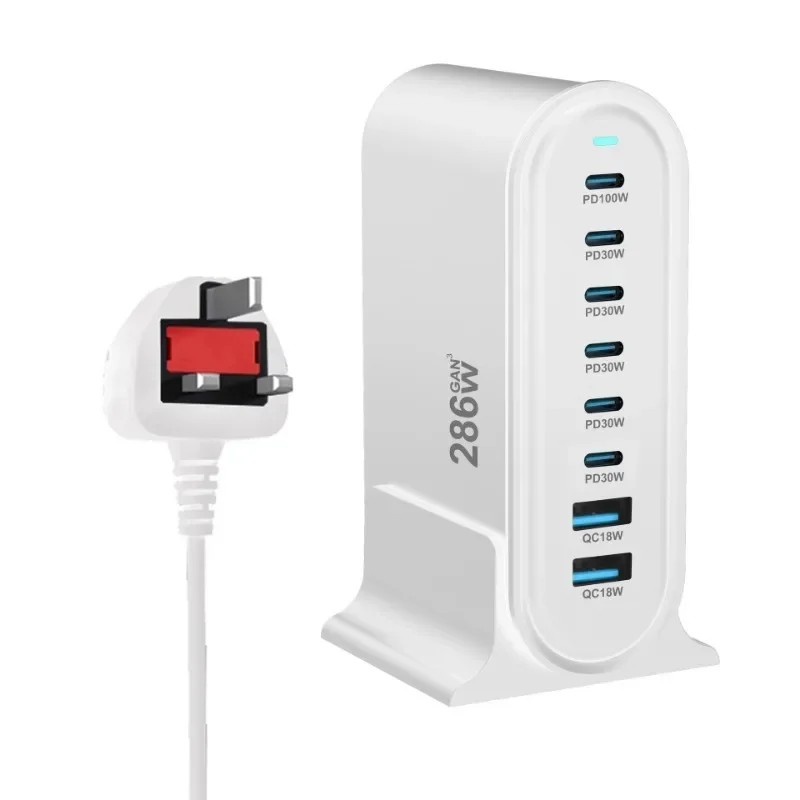 286 Вт Настольное зарядное устройство GaN 8-портовое USB Type C PD Fast Charge 3.0 100 PPS Быстрое