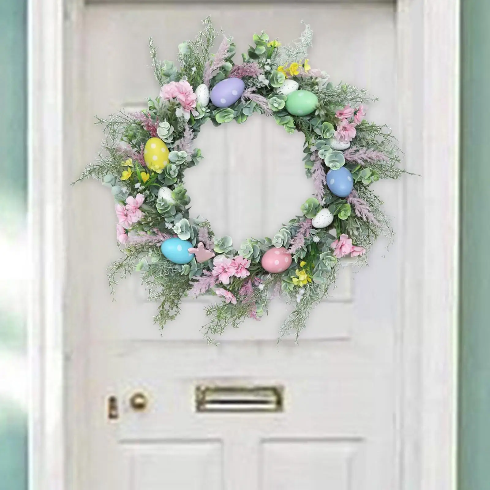 

45cm Easter Egg Flower Wreath Front Door Hanging Spring Artificial Green Leaves Garland for Indoor Festival Decoration