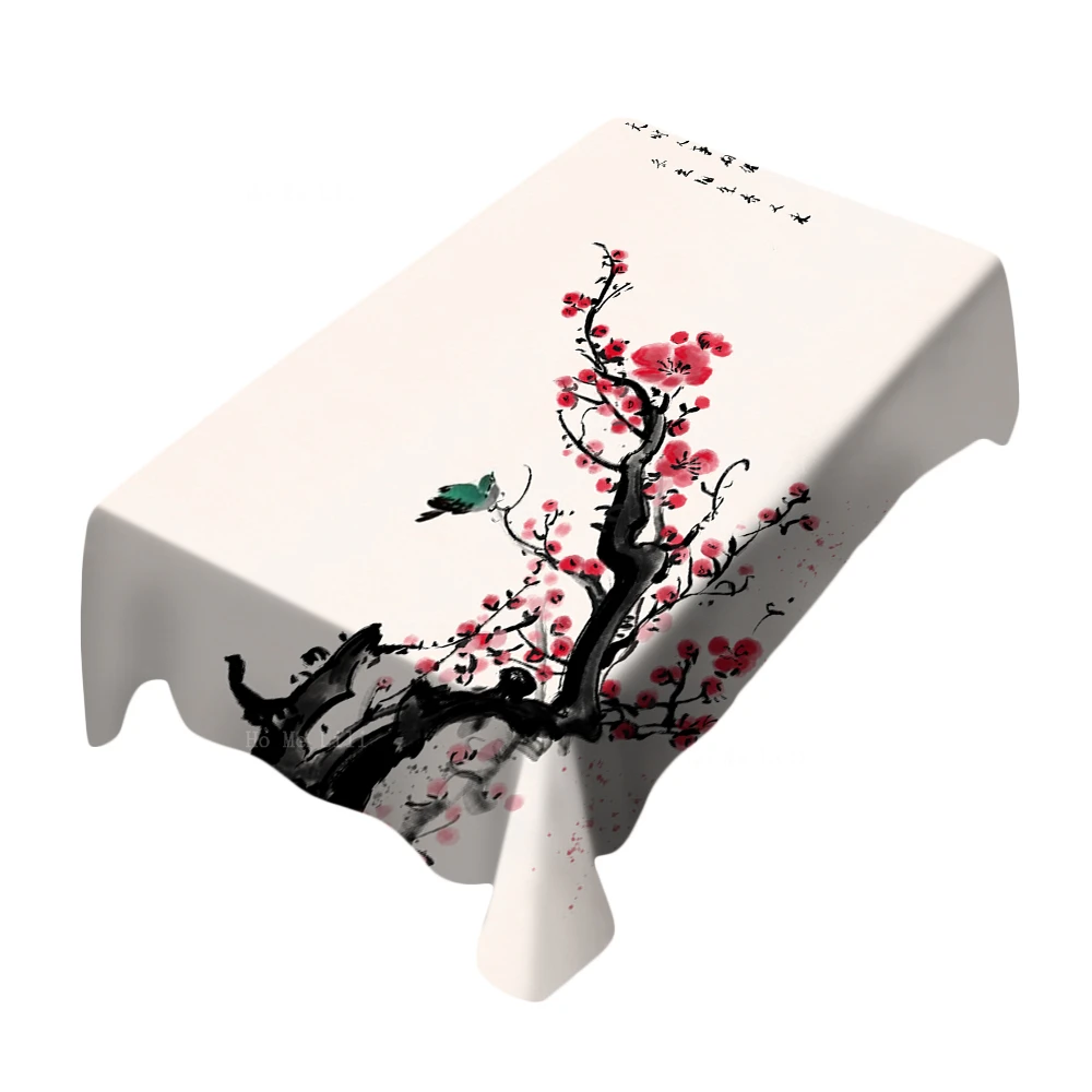 

Chinese Ancient Style Plant Red Plum Bird Ink Painting Wintersweet Rectangle Tablecloth By Ho Me Lili For Tabletop Decor