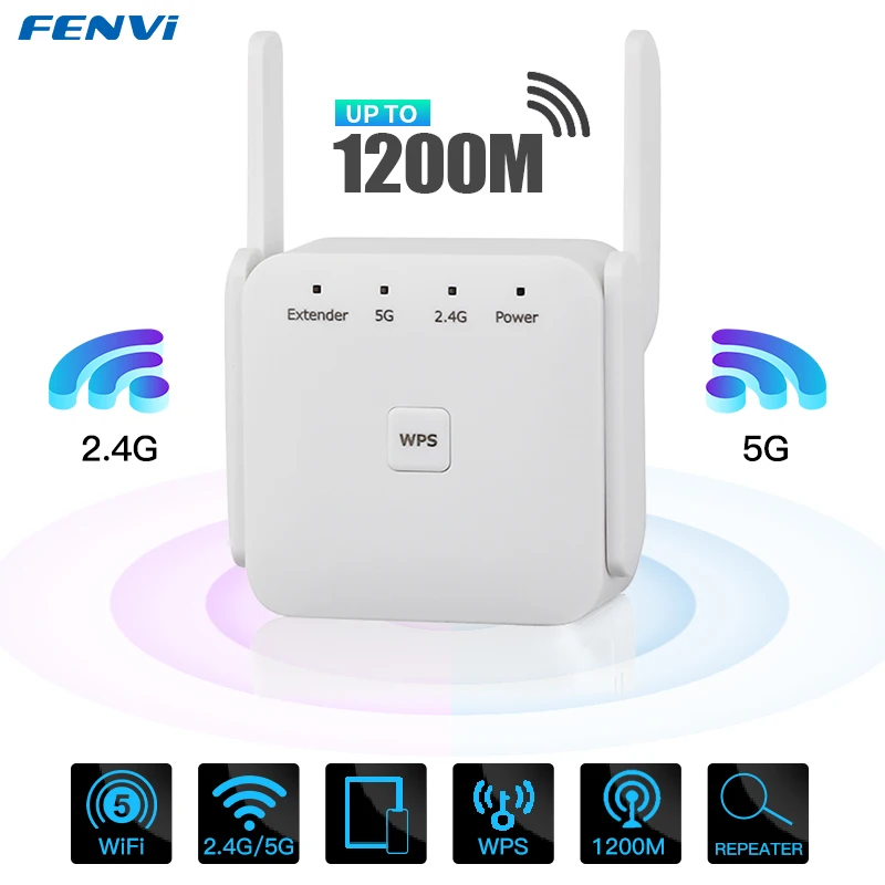 

5Ghz AC1200 WiFi Repeater 1200Mbps Router WiFi Extender Amplifier 2.4G/5GHz Wi-Fi Signal Booster Long Range Network Access Point