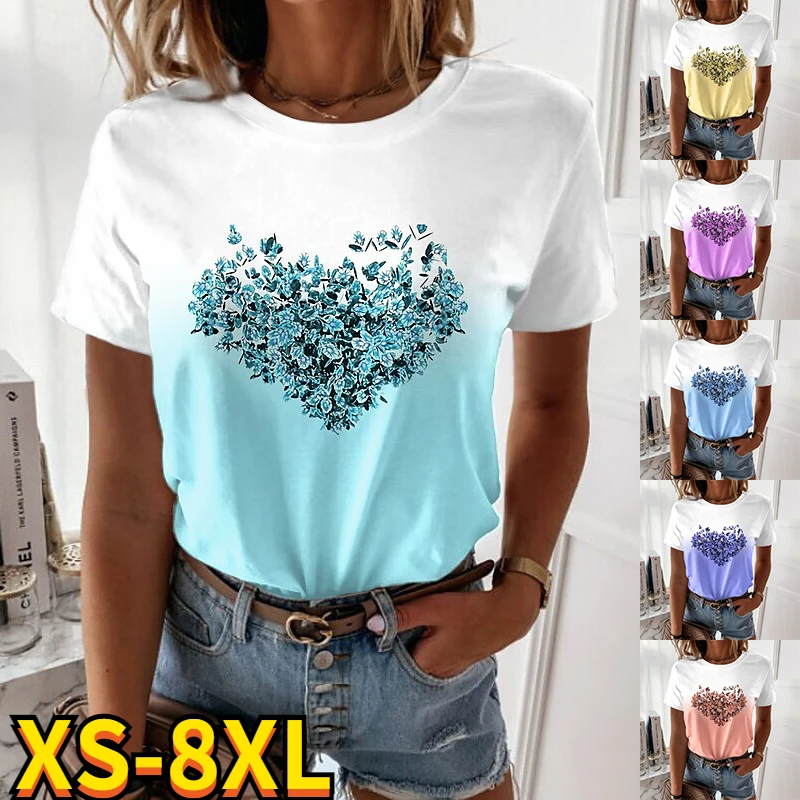 

Elegant Women's Abstract Printed T Shirt Round Neck Streetwear Female Casual Pullover Heart New Design Summer 2022