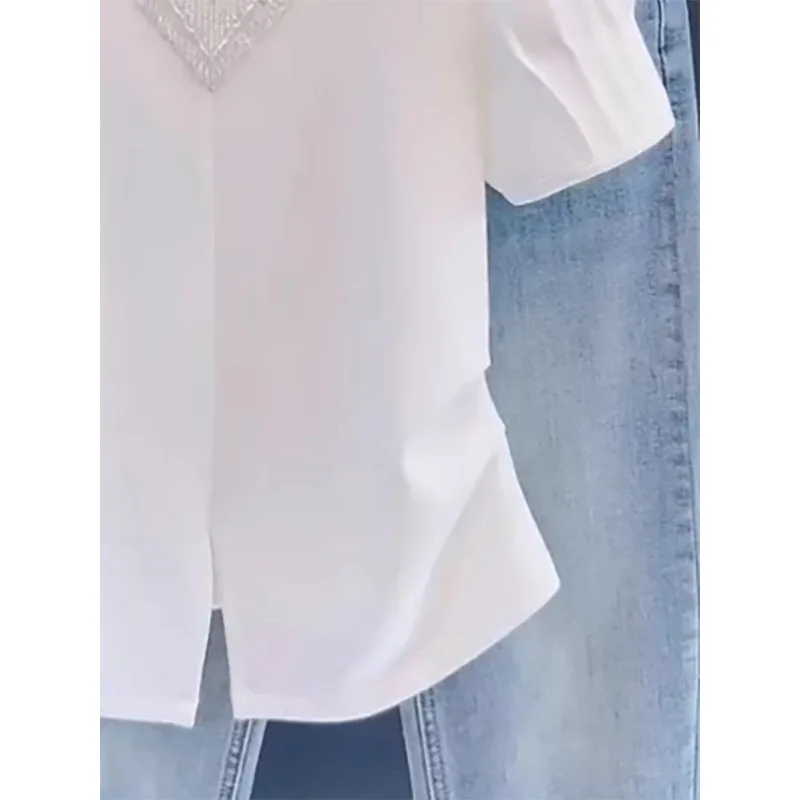 Plus size Split Hem Love Pure Cotton V-neck Short sleeve T-shirt 2024 Summer New Design Sense Puff sleeve Top