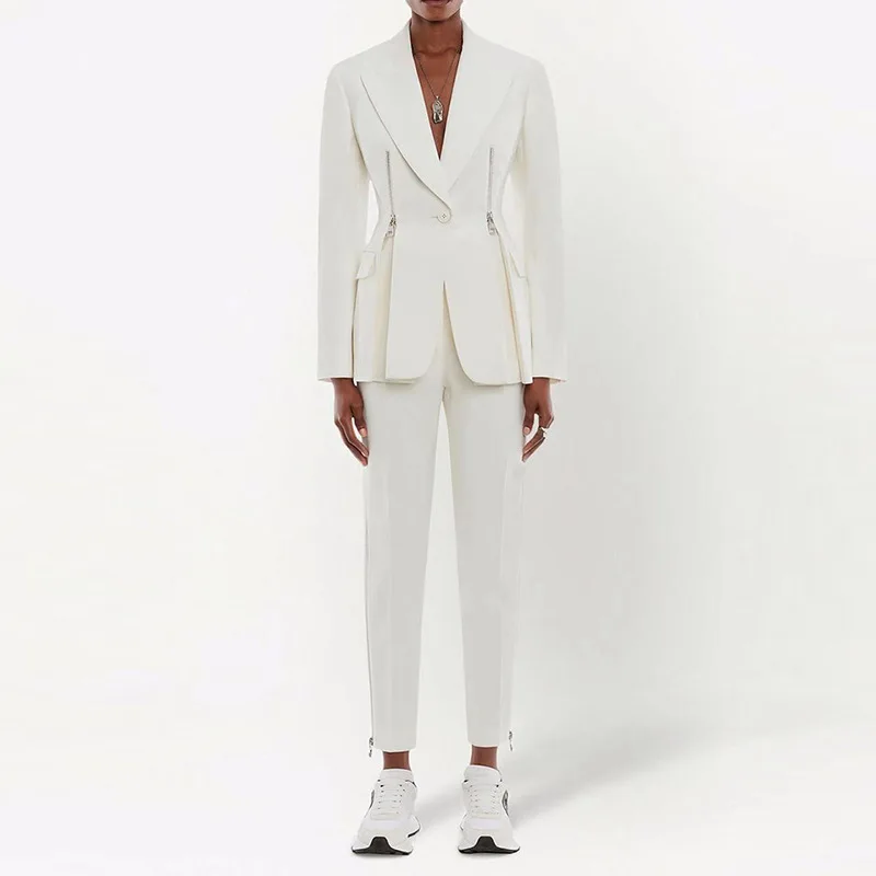 

Женский облегающий костюм на молнии, модный Индивидуальный костюм на одной пуговице с белыми укороченными брюками, комплект из двух предметов, облегающий Женский блейзер, 2023