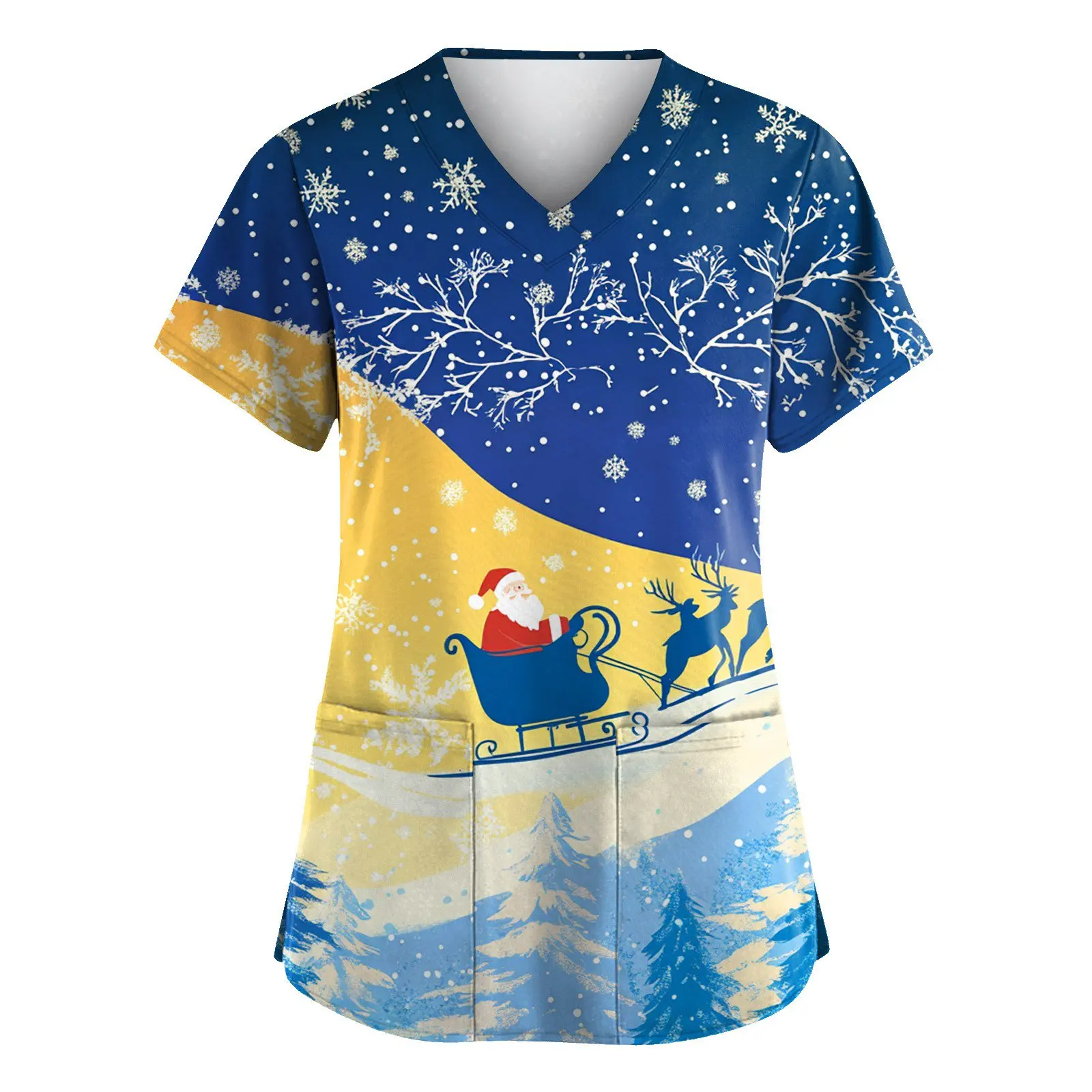 Женский рождественский костюм скраб-топ с рождественским принтом эластичный