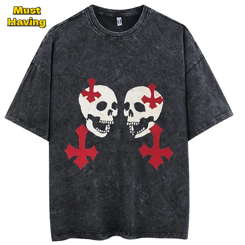 

Skull Skeleton Print T-Shirt for Men Women Y2K Gothic Graphic Tees Vintage Washed Cotton Tshirt Tops Casual Oversized Streetwear