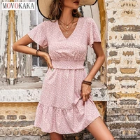 movokaka summer holiday women print folds pink dress beach casual party elegant slim beam waist vestidos vintage ruffles dresses