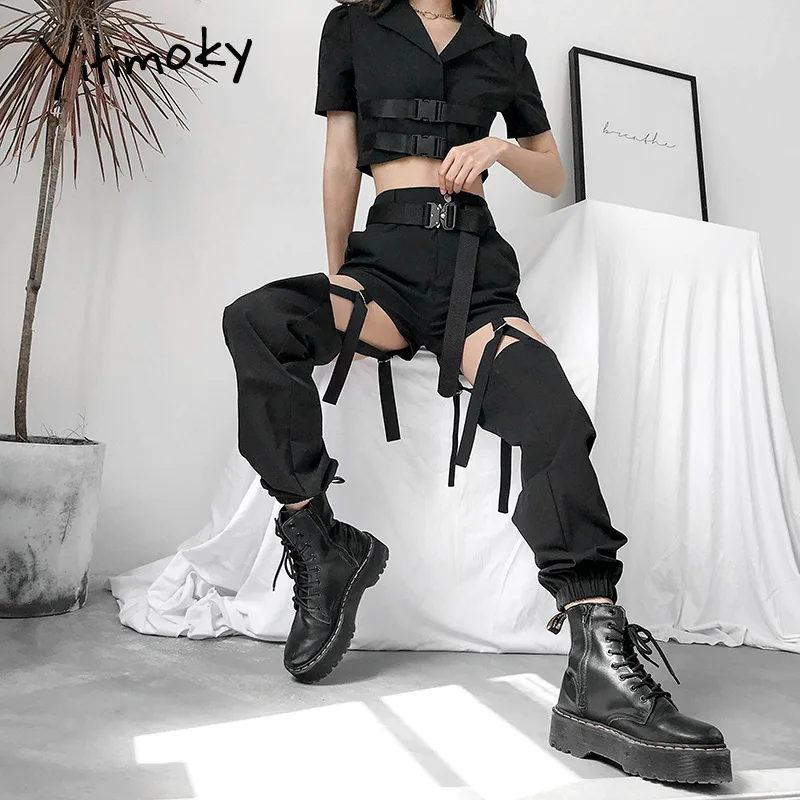 

Yitimoky Hip Hop High Waist Cargo Pants Women Buckle Track Pants Joggers Street Style Trousers Adjustable Hollow Out Pantalon