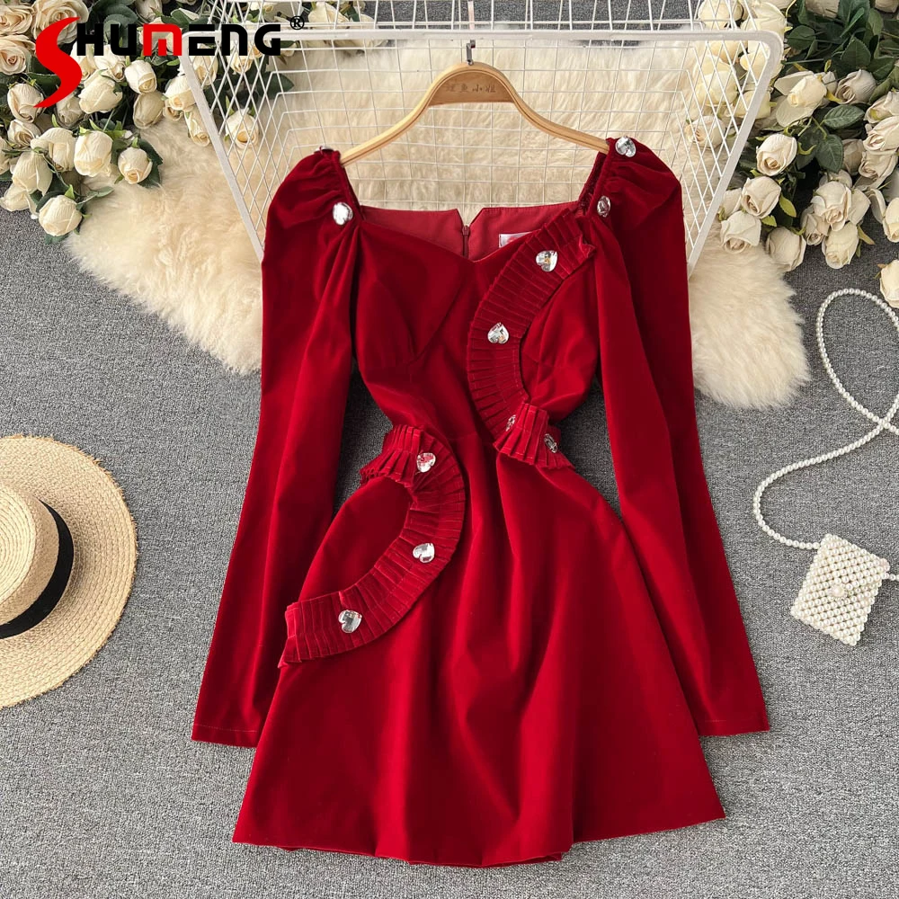 

2022 Spring New Ladies French Fashion Pleated Above Knee Velvet Dress Women's Elegant Puff Sleeve Diamond-Embedded A- Line Dress