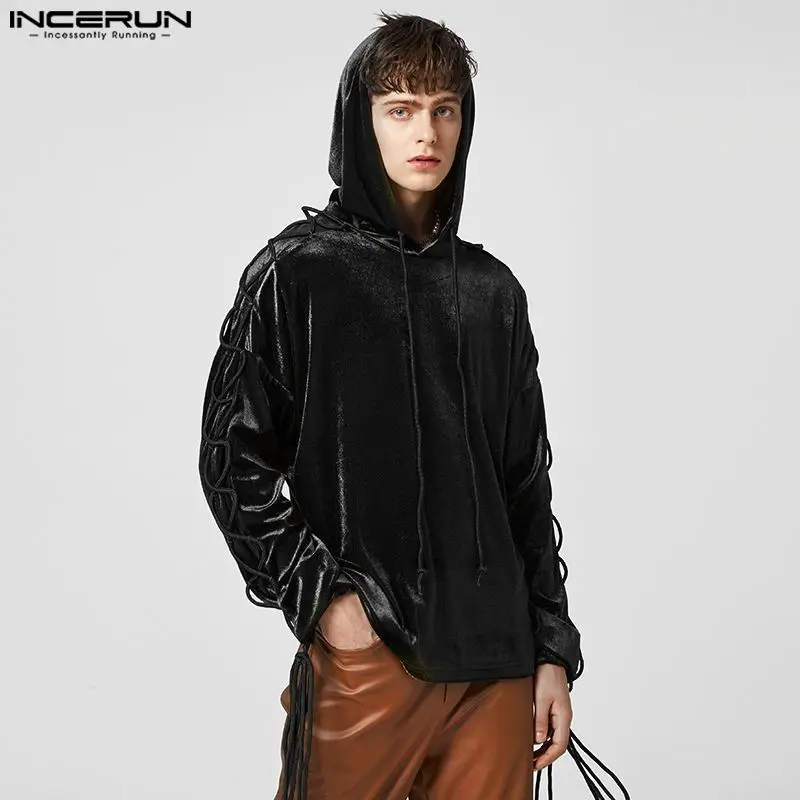 

INCERUN Tops 2023 American Style Mens Personalized Suede Hoodies Stylish Long-sleeved Drawcord Hooded Drawcord Sweatshirts S-5XL