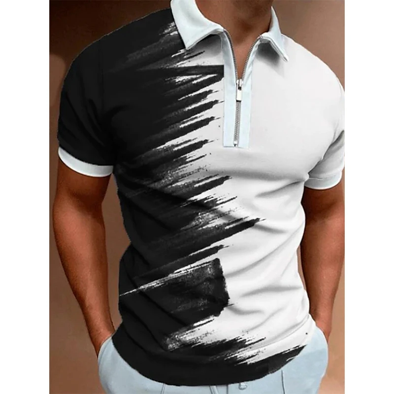Summer Men's Short-Sleeved Luxury Polo Shirt American Flag Print Trend Casual Oversized Street Lapel Zipper Slim-Fit Clothing
