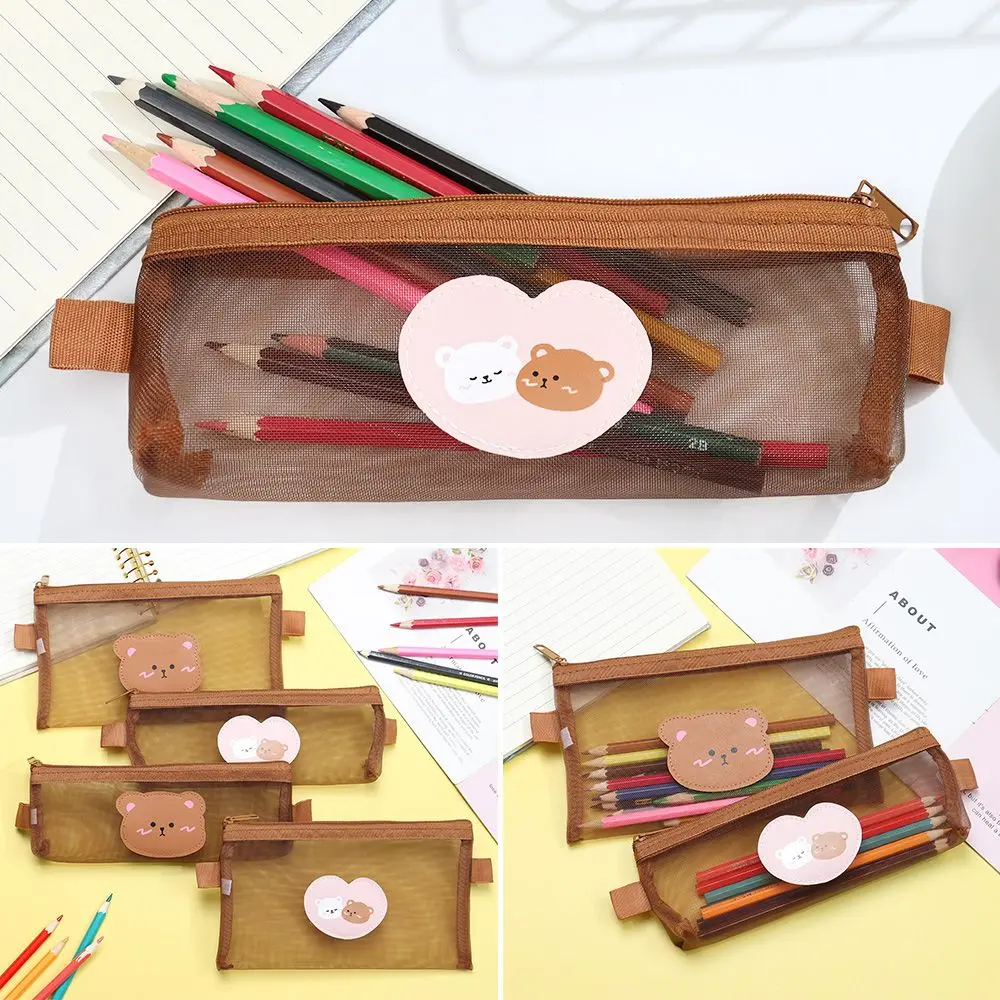 

Прозрачная сумка для хранения, мишка, коричневые кавайные мешочки, канцелярские принадлежности, сетчатый чехол для карандашей, Студенческа...
