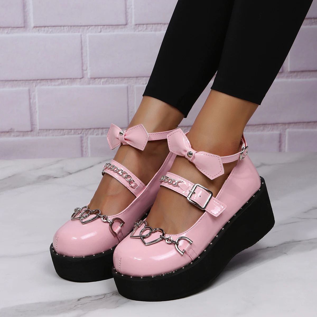 

Женские туфли на танкетке, туфли-лодочки на платформе и высоком каблуке, в готическом стиле, милые туфли в стиле Лолиты, черные, розовые туфл...