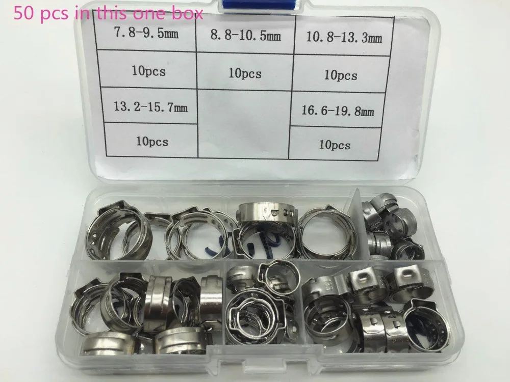 

Free shipping Pipe Clamp High Quality 50 PCS Stainless Steel 304 Single Ear Hose Clamps Assortment Kit Single with box