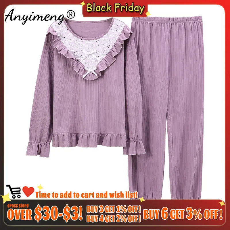 

Модная женская пижама по цене, Стильная хлопковая одежда для сна, текстурная хлопковая весенне-осенняя свободная Милая Пижама, пижама для м...