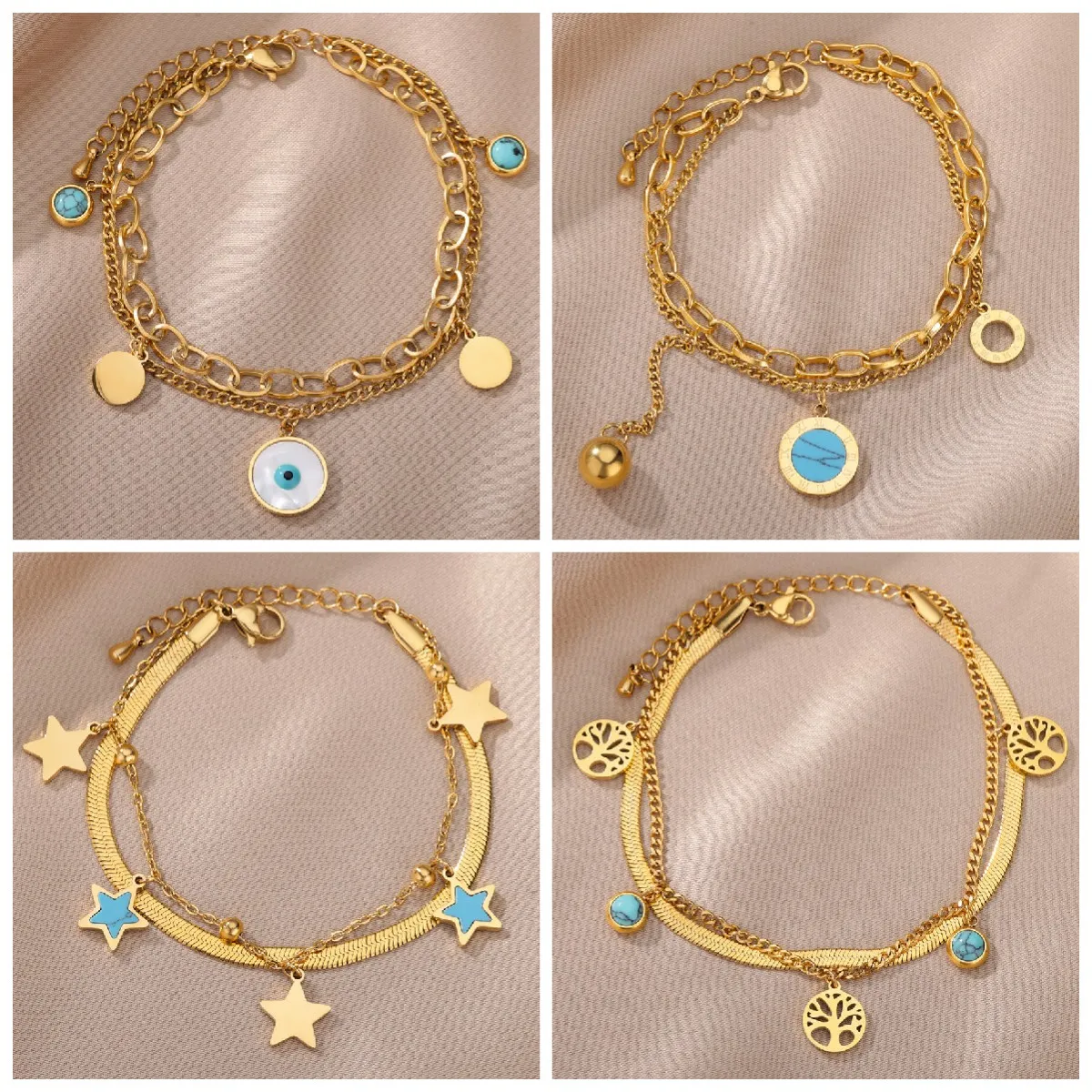 

316L Stainless Steel Blue eyes pendant Multilayer Bracelet For Women Green Stone Bangle Wedding Jewelry Beach Gifts Dropshipping