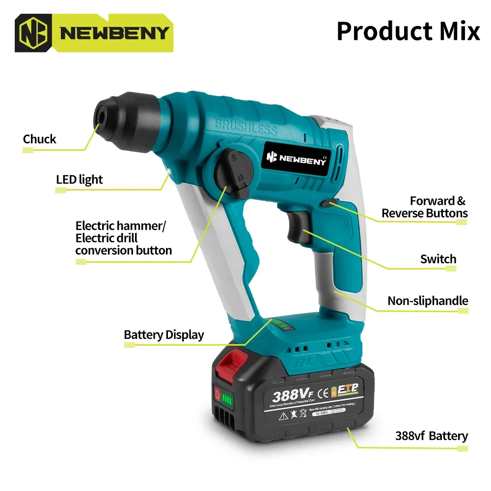 NEWBENY 10 мм Бесщеточная мини-электрическая ударная дрель 2 режима Аккумуляторная