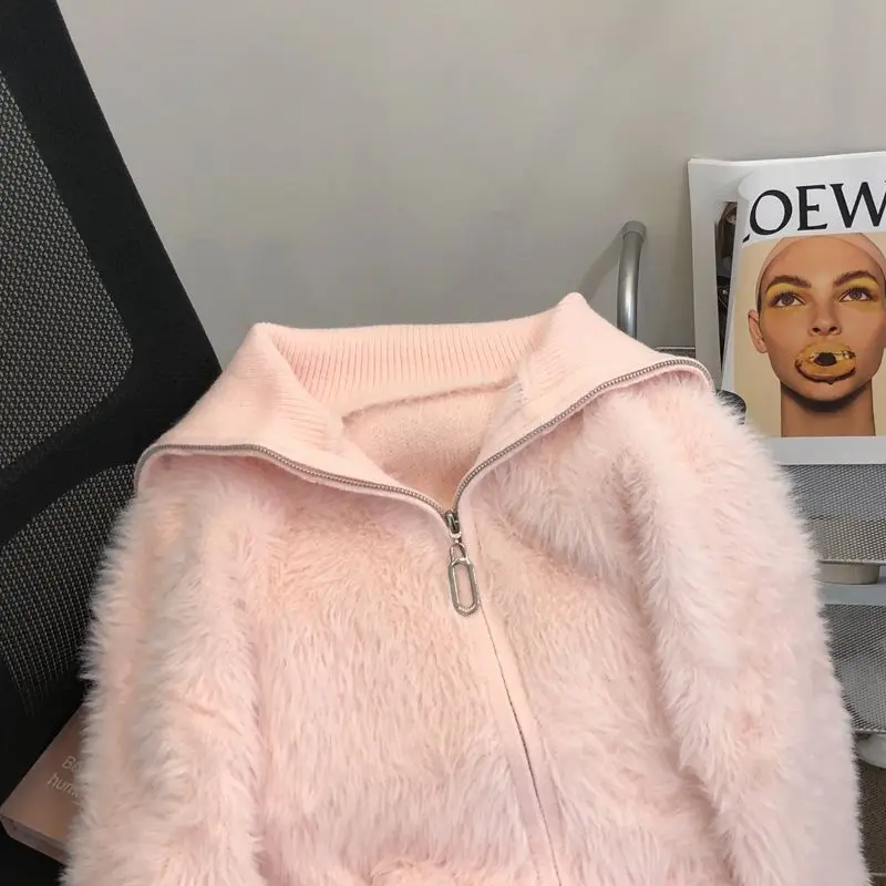 Gaganight женский мохеровый белый свитер с высоким воротом 2024 куртка-кардиган