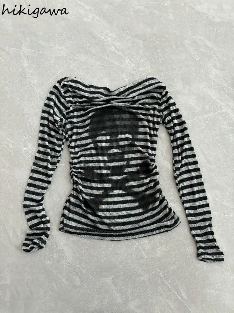 Женская футболка с вырезом лодочкой Повседневная в полоску черепом стиле