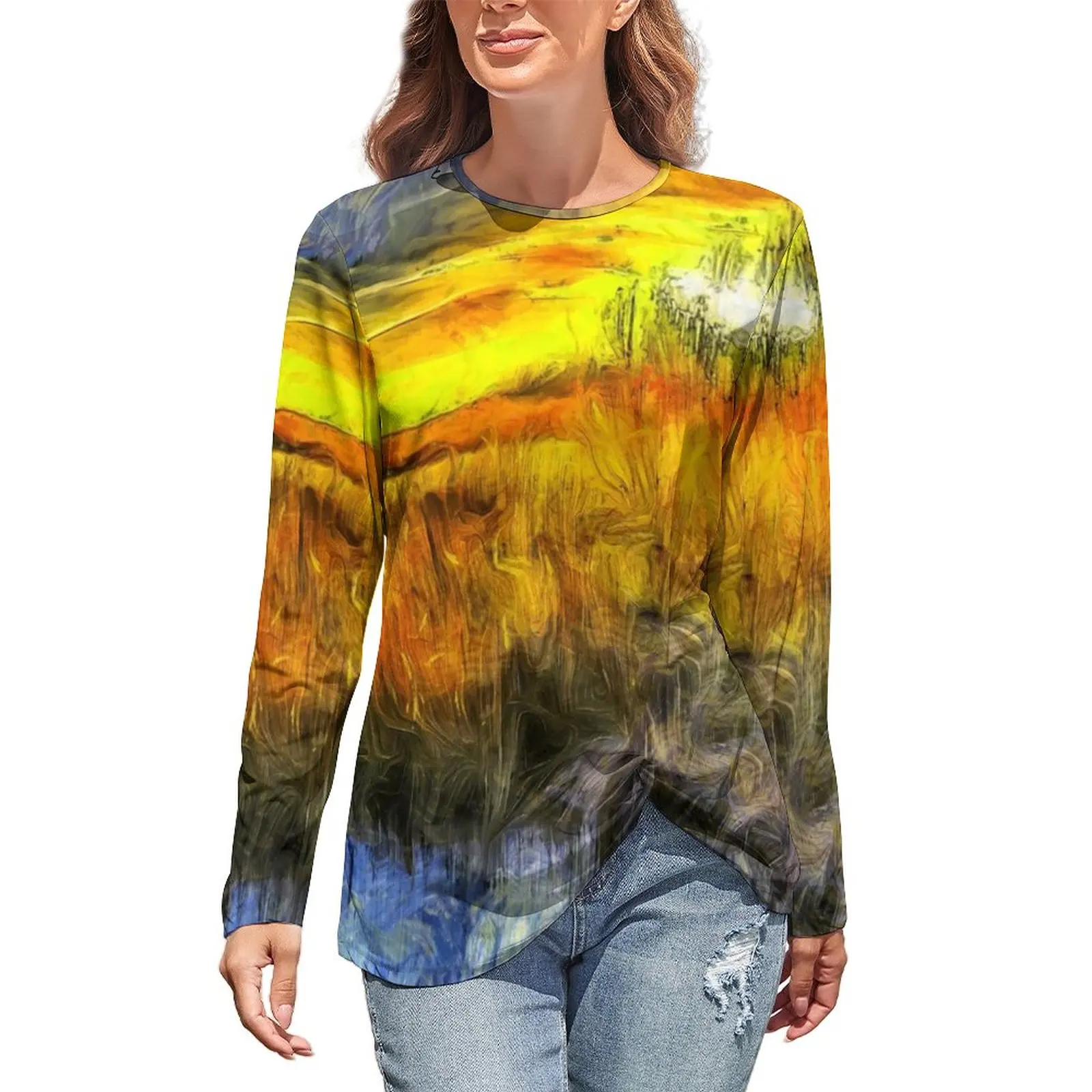 

Van Gogh T Shirts The Sunset River Korean Fashion Long Sleeve T-Shirt Trendy Printed Tee Shirt Female Tops Big Size 4XL 5XL