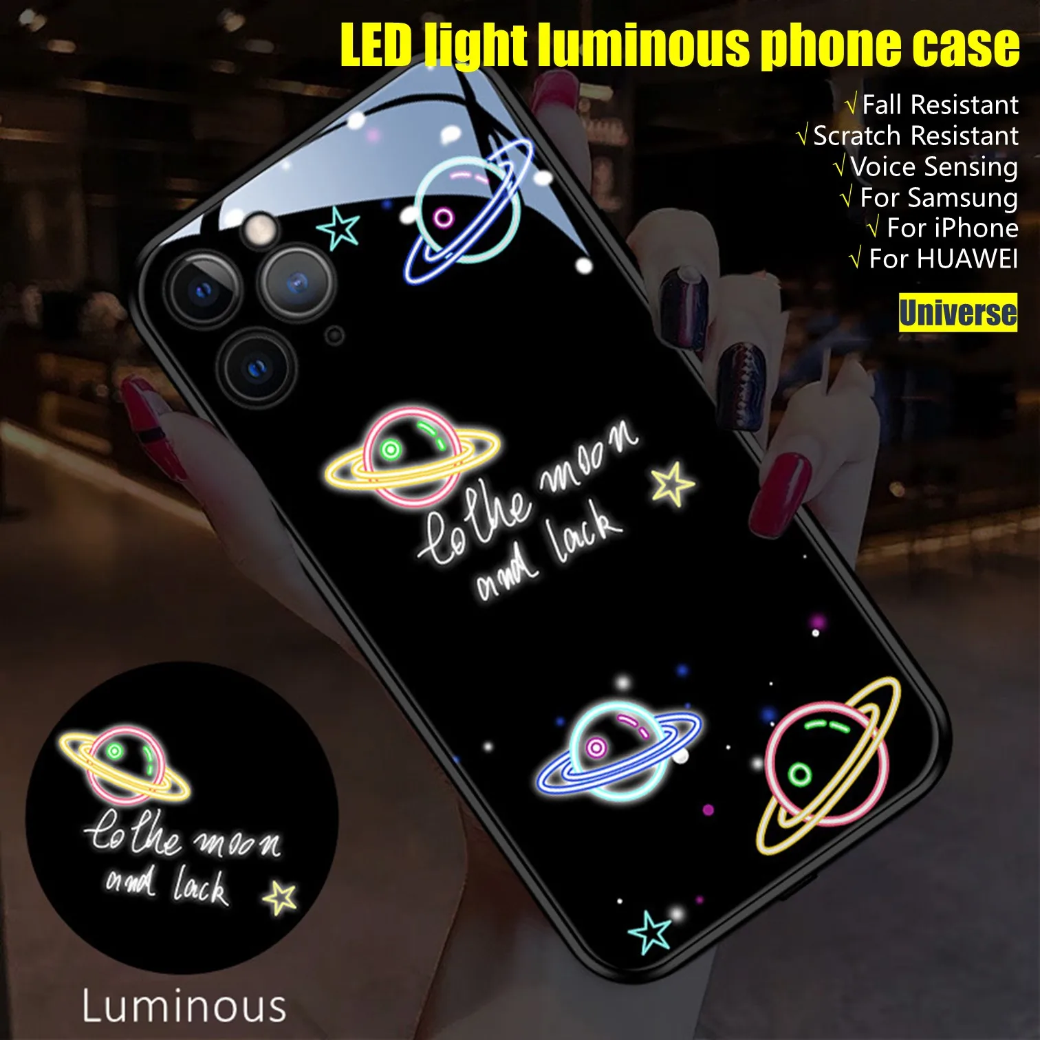 

Universe Voice Sensing LED Luminous Phone Case for iPhone Samsung Huawei Fall and Scratch Resistant Accessories for Trendsetters