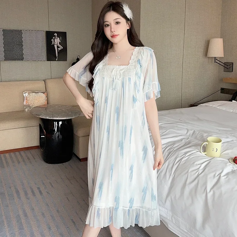 Летняя женская хлопковая кружевная ночная рубашка в стиле принцессы с