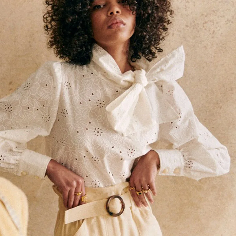 

Женская рубашка из чистого хлопка, с воротником-стойкой и галстуком, весна-лето 2023