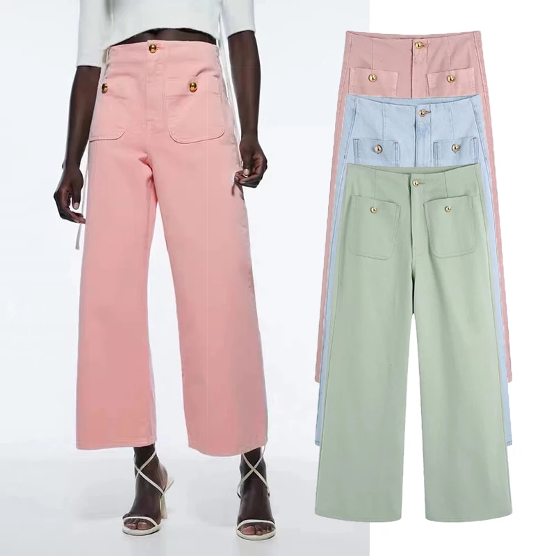 

Женские широкие джинсы на пуговицах, шикарные джинсовые брюки с высокой талией и карманами, украшенные золотыми пуговицами, весна 2022