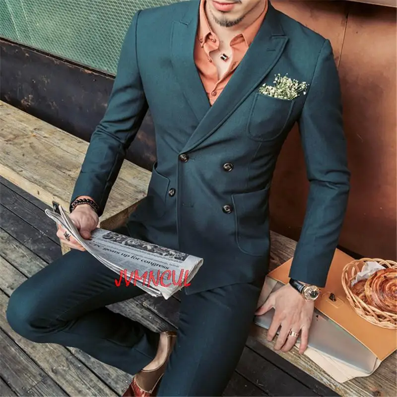 

Latest Korean Slim Dark Green Men Suit 2pieces (Jacket+Pant+Vest) Groom Tuxedos Groomsmen Wear Wedding Blazer Suits For Men