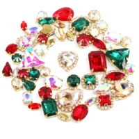 christmas style crystal glass mixed size and shape sew on rhinestones with gold claw for diy crafts decoration jewelry 50pcsbag