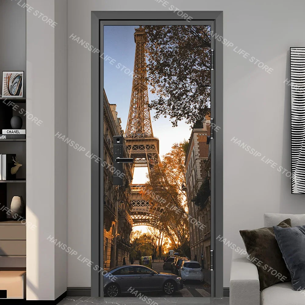 Красный автобус Эйфелева башня дверная наклейка самоклеящаяся абстрактная