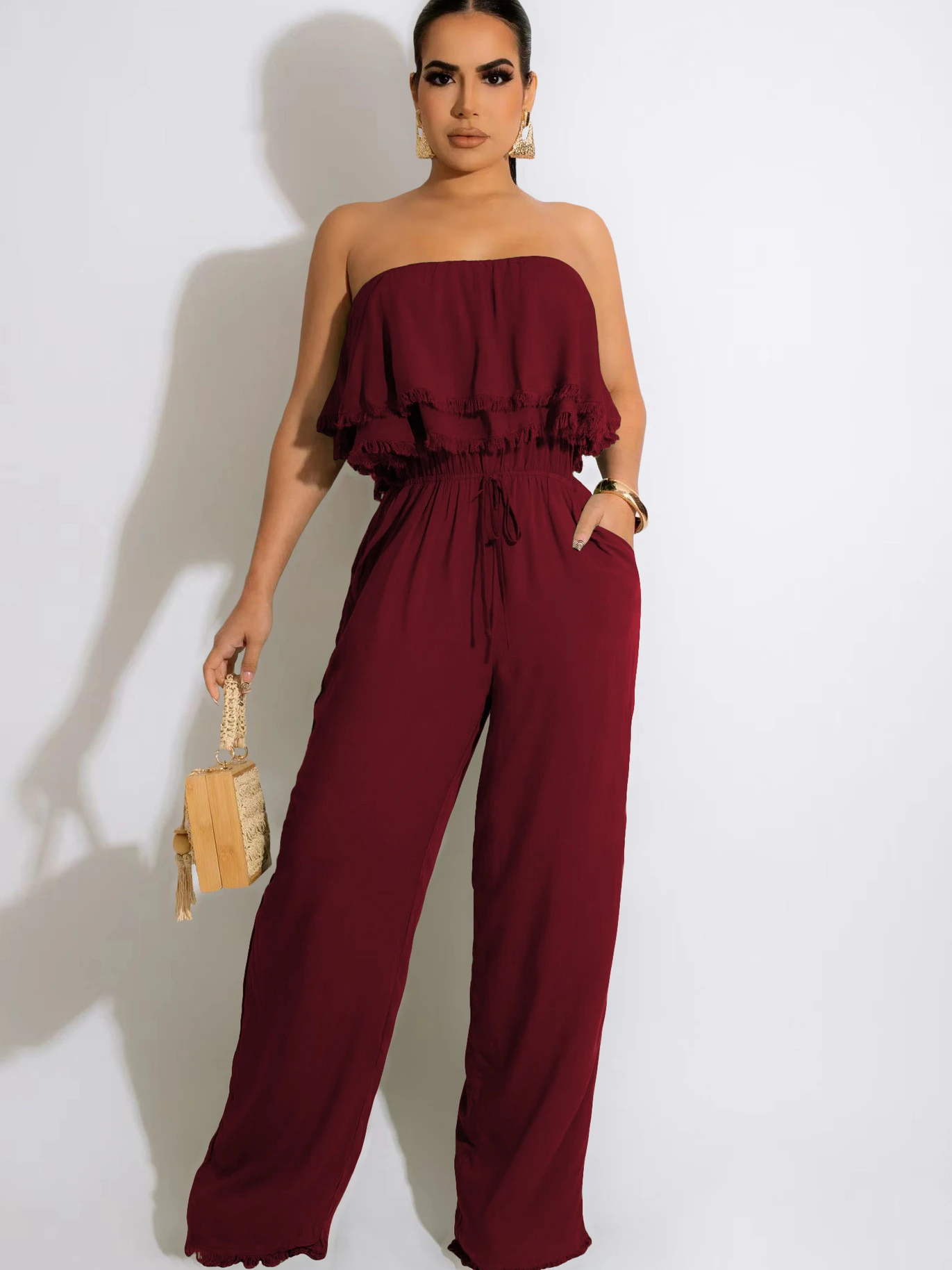 2022 Fashion Casual Lady Style Women's Wear Ruffled Solid Color Sleeveless Wrap Chest High Waist Tie Jump Suits for Women