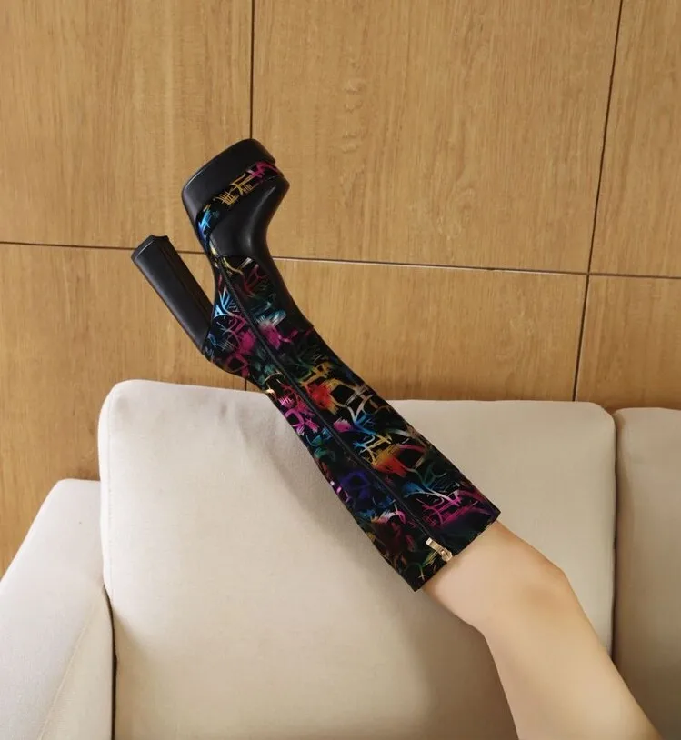 Platform Boots For Women Knee High Med Calf Chunky Heels Boot Brand New 2022 Winter Autumn Fashion Shoes Sexy Zipper Design