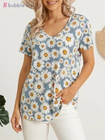 bubblekiss t shirt women summer fashion chrysanthemum print v neck short sleeves tops tee casual clothes female loose top