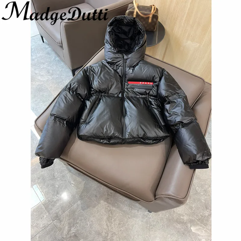 

Женское короткое пальто MadgeDutti с капюшоном и надписью, на молнии, белый гусиный пух, 9,30