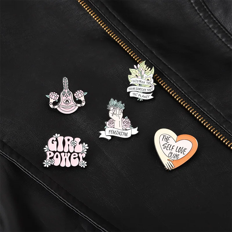 

Girl Power Pink Letter Enamel Pins Custom Self Love Club Uterus Brooches Lapel Badges Feminism Jewelry Gift For Women Friends