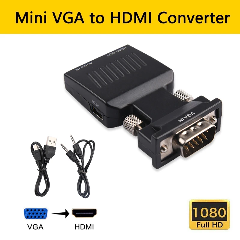 

Адаптер видеопреобразователя vga2hdmi 1080P VGA в HDMI с кабелем питания Mini USB 3,5 мм, аудиокабель vga2hdmi для HDTV, DVD, ПК