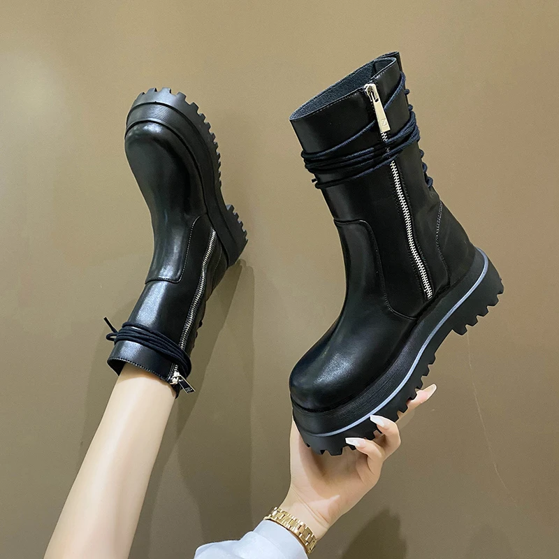 

Flat Heel Women Rubber Boots Boots-Women Zipper Round Toe Luxury Designer Rain Ladies Nice Med Autumn Mid Calf Botas De Mujer